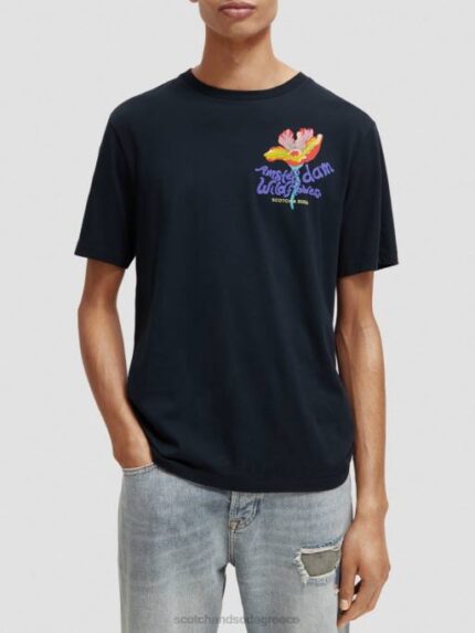 άνδρες T-shirt με λαιμόκοψη με έργα τέχνης μαύρος 0J8D380 είδη ένδυσης Scotch & Soda